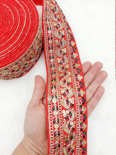 Art Silk Fabric Sari Border Trim with Floral Embroidery and Gold Sequins, Decorative Trim, Indian Sari Border